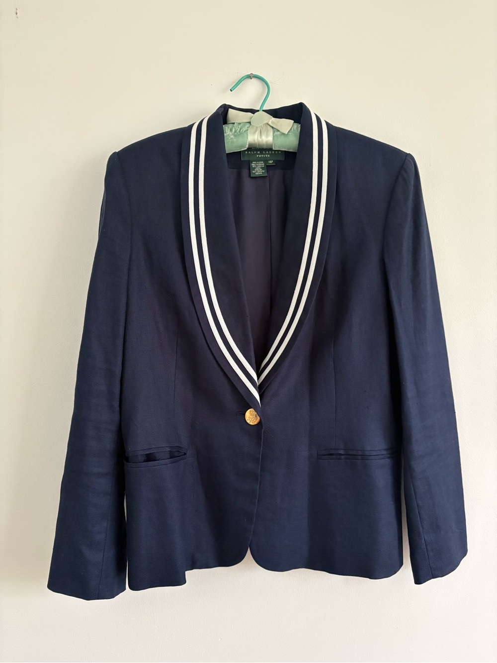 Lauren Ralph Lauren Linen Navy White Stripe Blazer Jacket Size 14 Petite